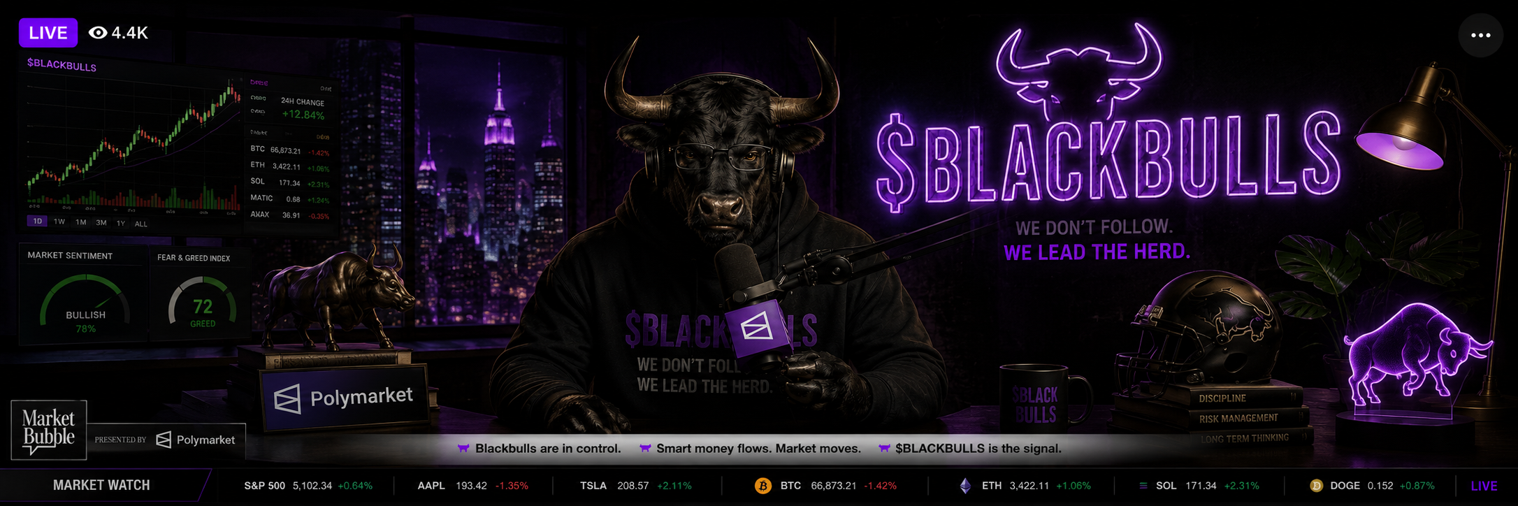 $BLACKBULLS market studio banner with trading charts and neon bull