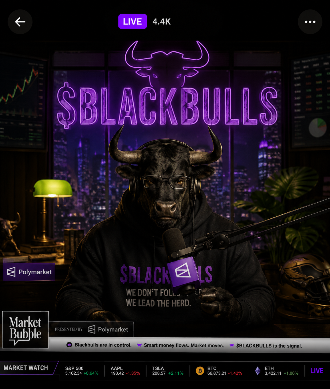 $BLACKBULLS bull mascot broadcasting live in a neon studio